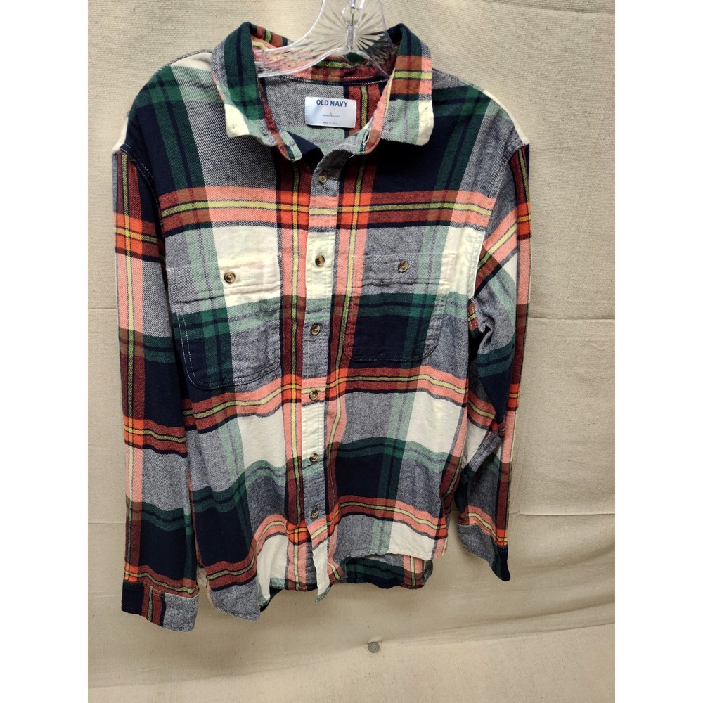 Old‎ Navy Mens Double Brushed Flannel Shirt Large Plaid Navy Orange Green 1761